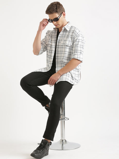 White & Black Checked Full Sleeve Oversized Casual Shirt